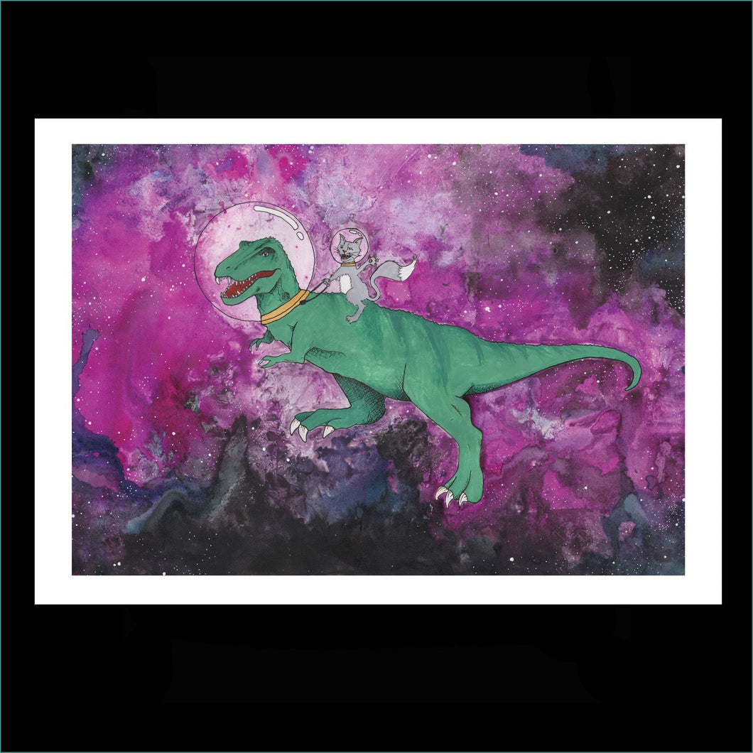 T-rex and Cat A4 Print